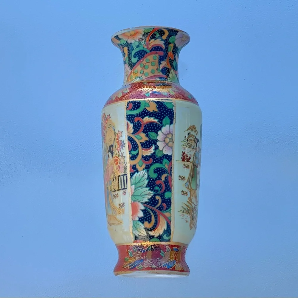 Chinese Porcelain Red and Blue Floral Hand Painted Textured Asian Art 8” Vase